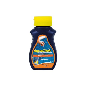 AquaChek orange bandelettes (Oxygéne actif solide, pH, alcalinité).
